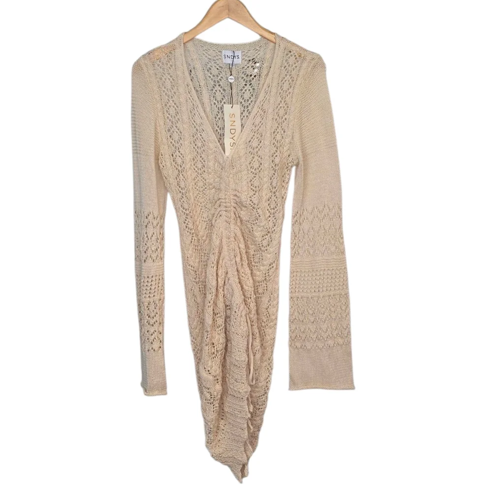 SNYDS Fate Crochet Mini Dress Beige Swim Coverup Size Large New With Tags - Picture 2 of 7